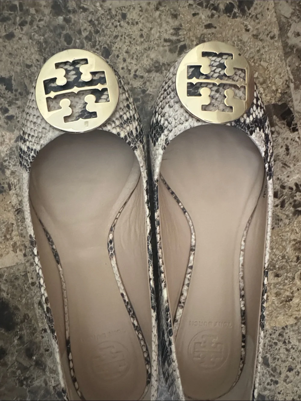 Tory Burch Snake-Print Reva Flats in Black and White with Gold Logo